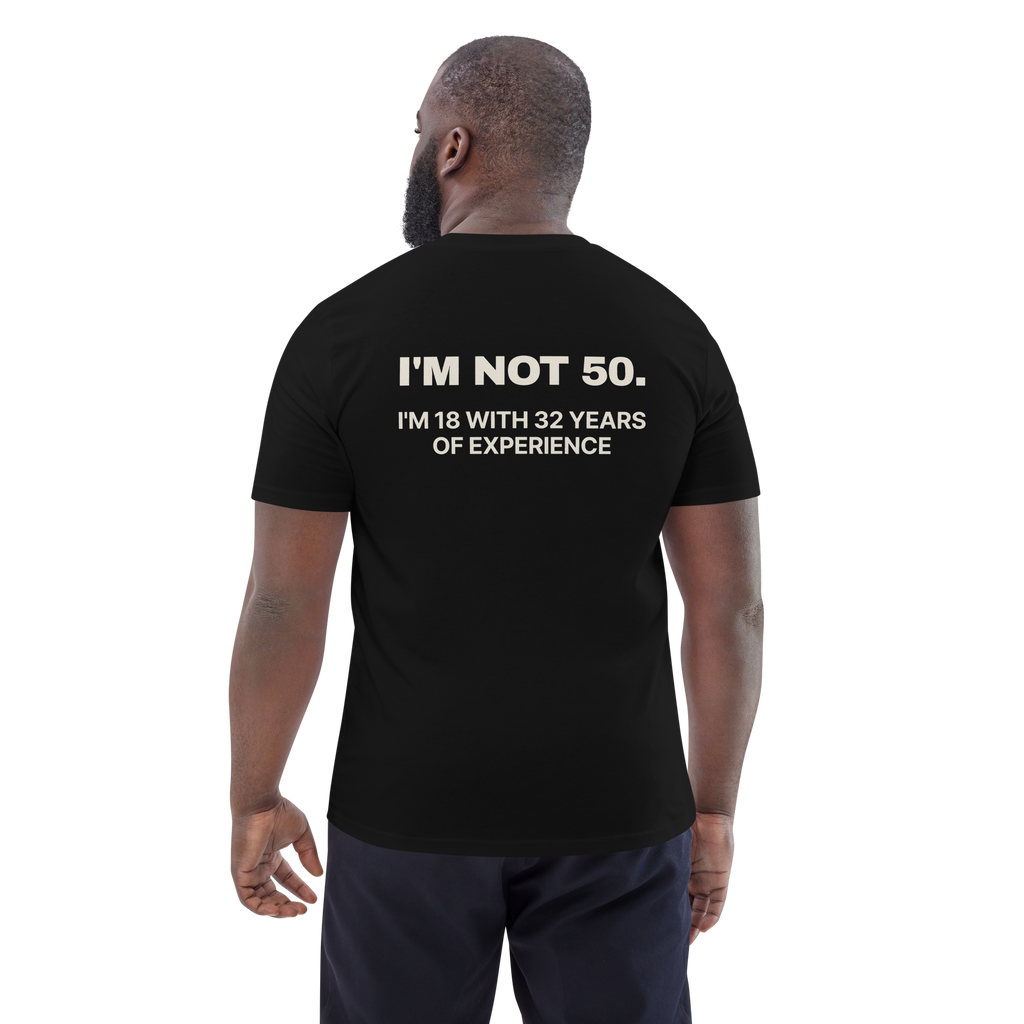 Man wearing the I’m Not 50. I’m 18 with 32 Years of Experience T-shirt in black, back view