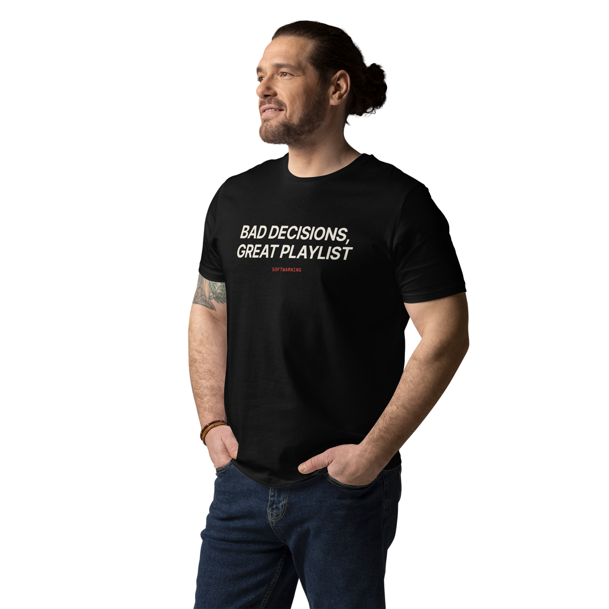 Man wearing the Bad Decisions, Great Playlist T-shirt in black, front view