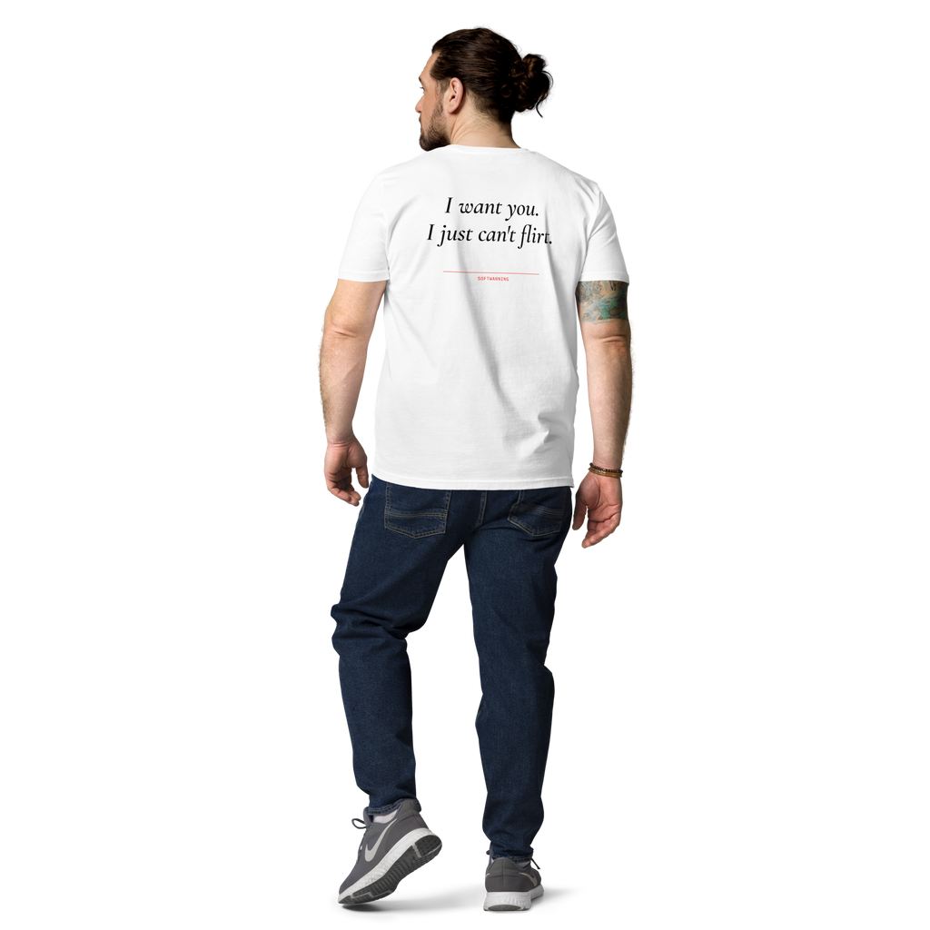 Man wearing the I Want You. I Just Can’t Flirt T-shirt in white, back view