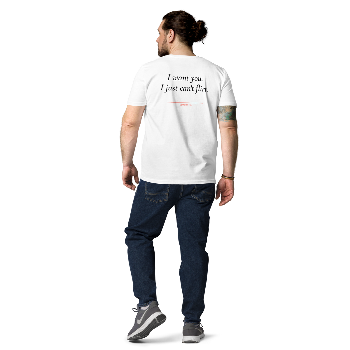 Man wearing the I Want You. I Just Can’t Flirt T-shirt in white, back view