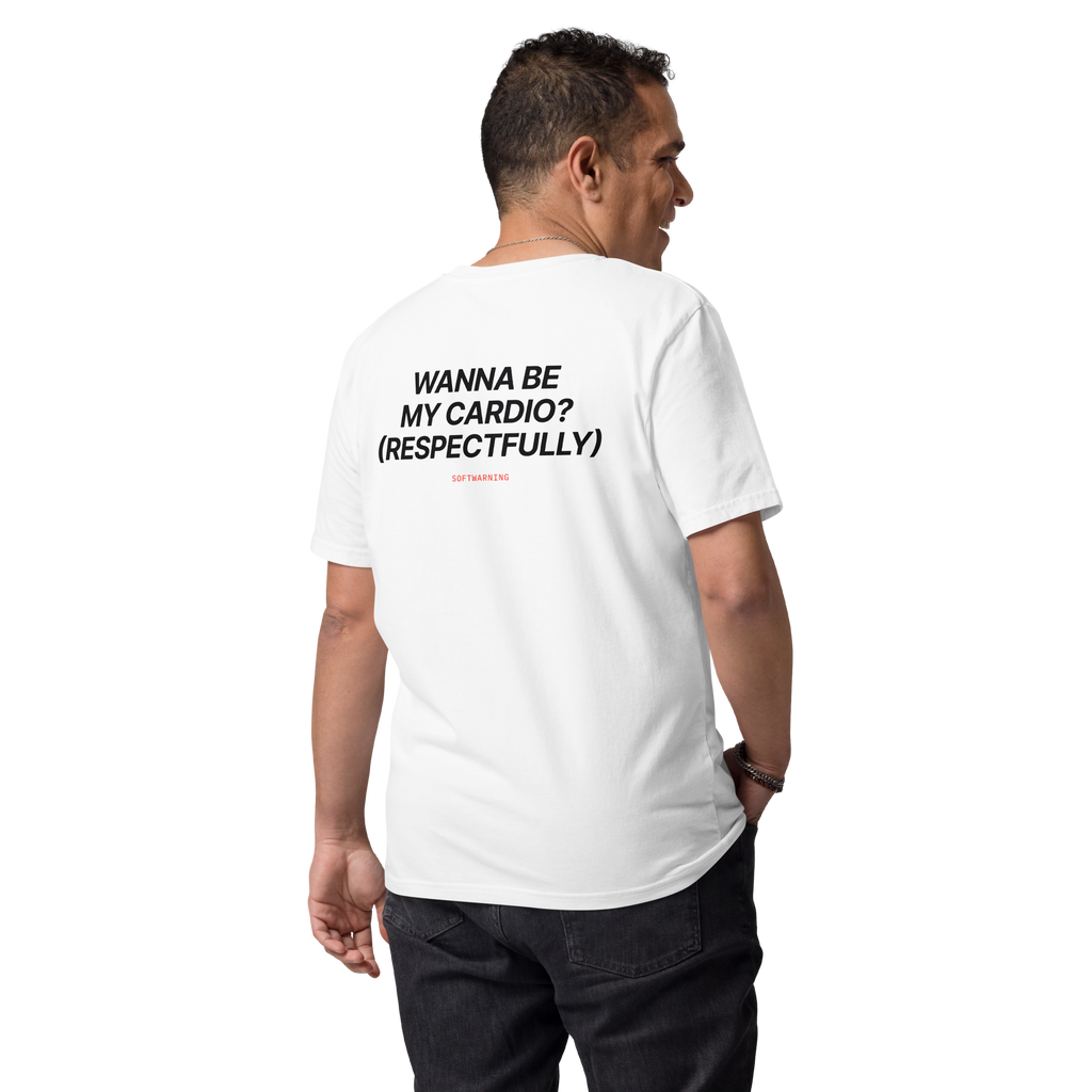 Man wearing the Wanna Be My Cardio? (Respectfully) T-shirt in white, back view