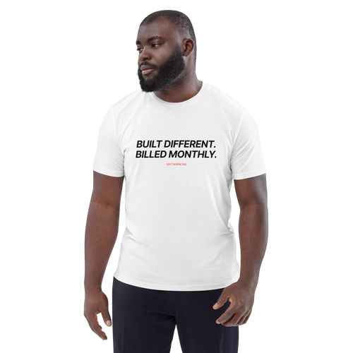 Man wearing the Built Different. Billed Monthly T-shirt in white, front view