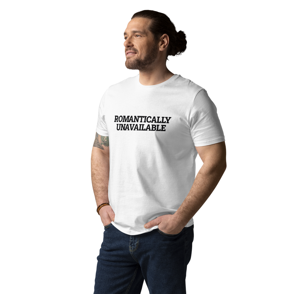 Man wearing the Romantically Unavailable T-shirt in white, front view