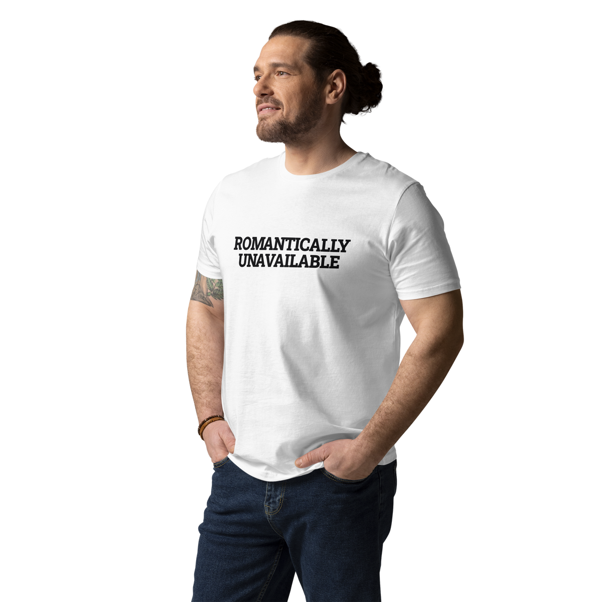 Man wearing the Romantically Unavailable T-shirt in white, front view