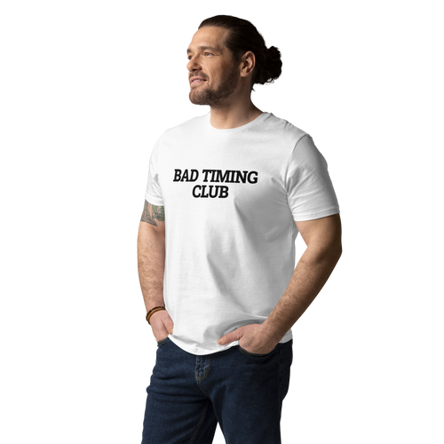 Man wearing the Bad Timing Club T-shirt in white, front view