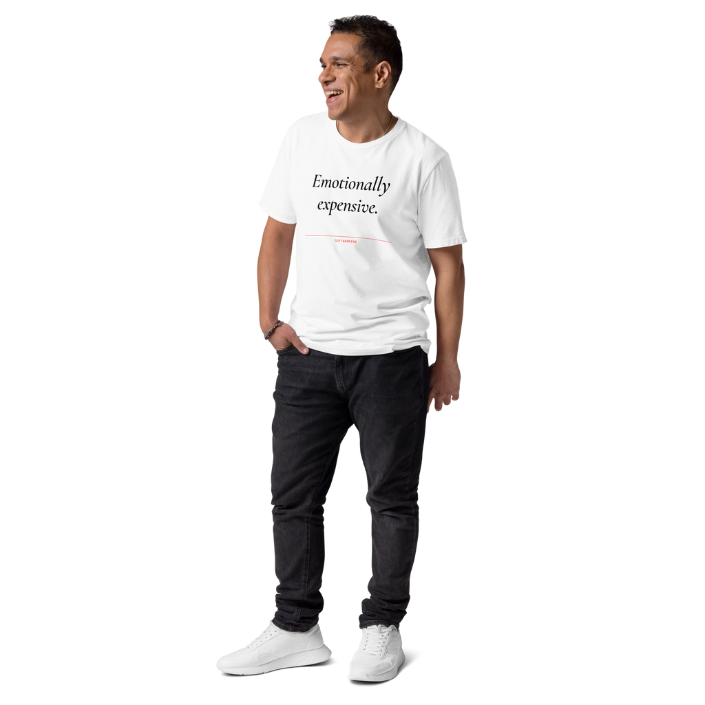 Man wearing the Emotionally Expensive T-shirt in white, front view