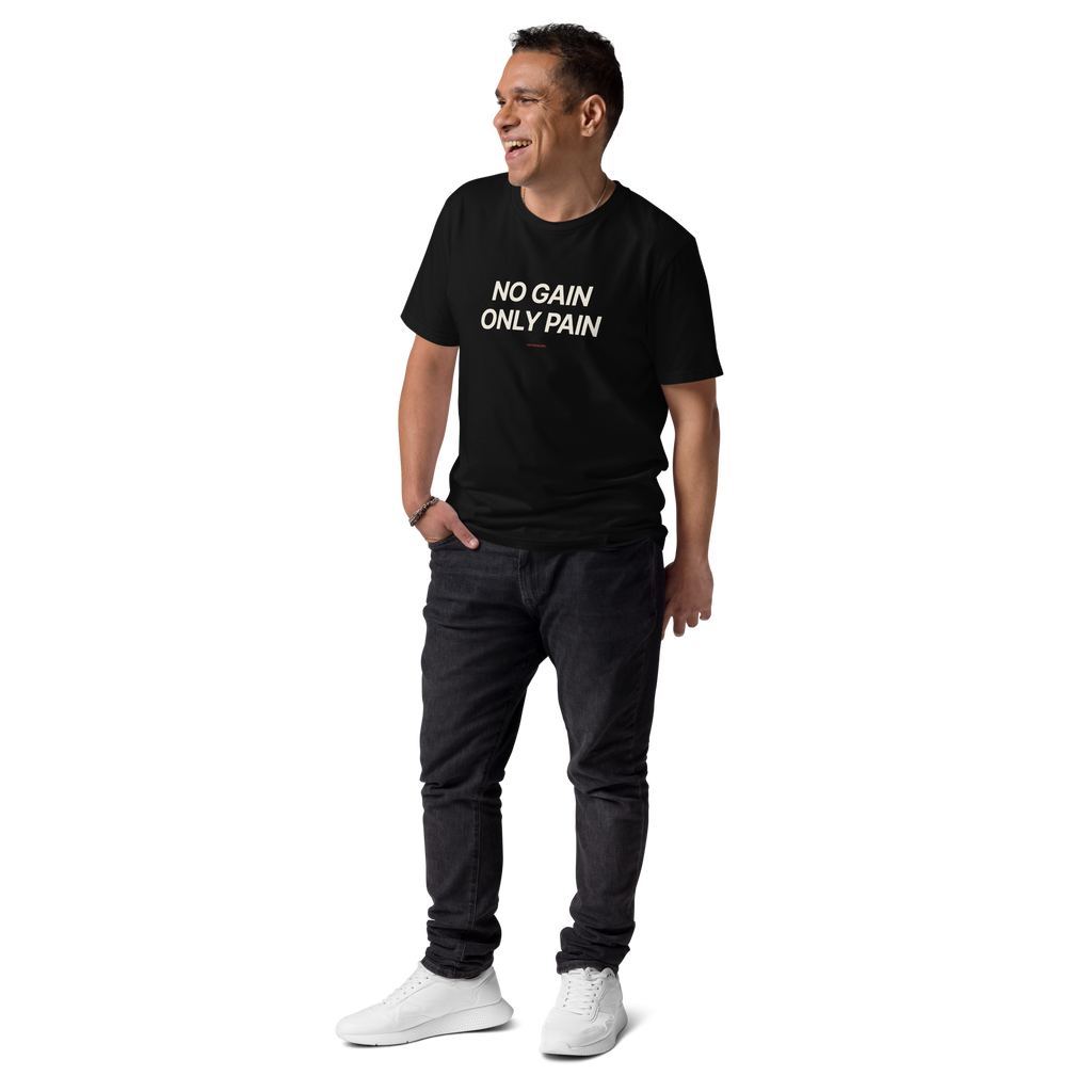 No Gain Only Pain - Black organic cotton T-shirt, front print, man model