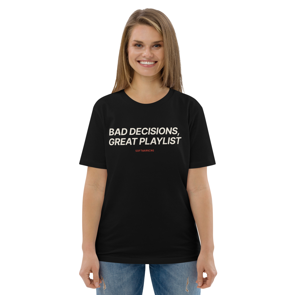Woman wearing the Bad Decisions, Great Playlist T-shirt in black, front view