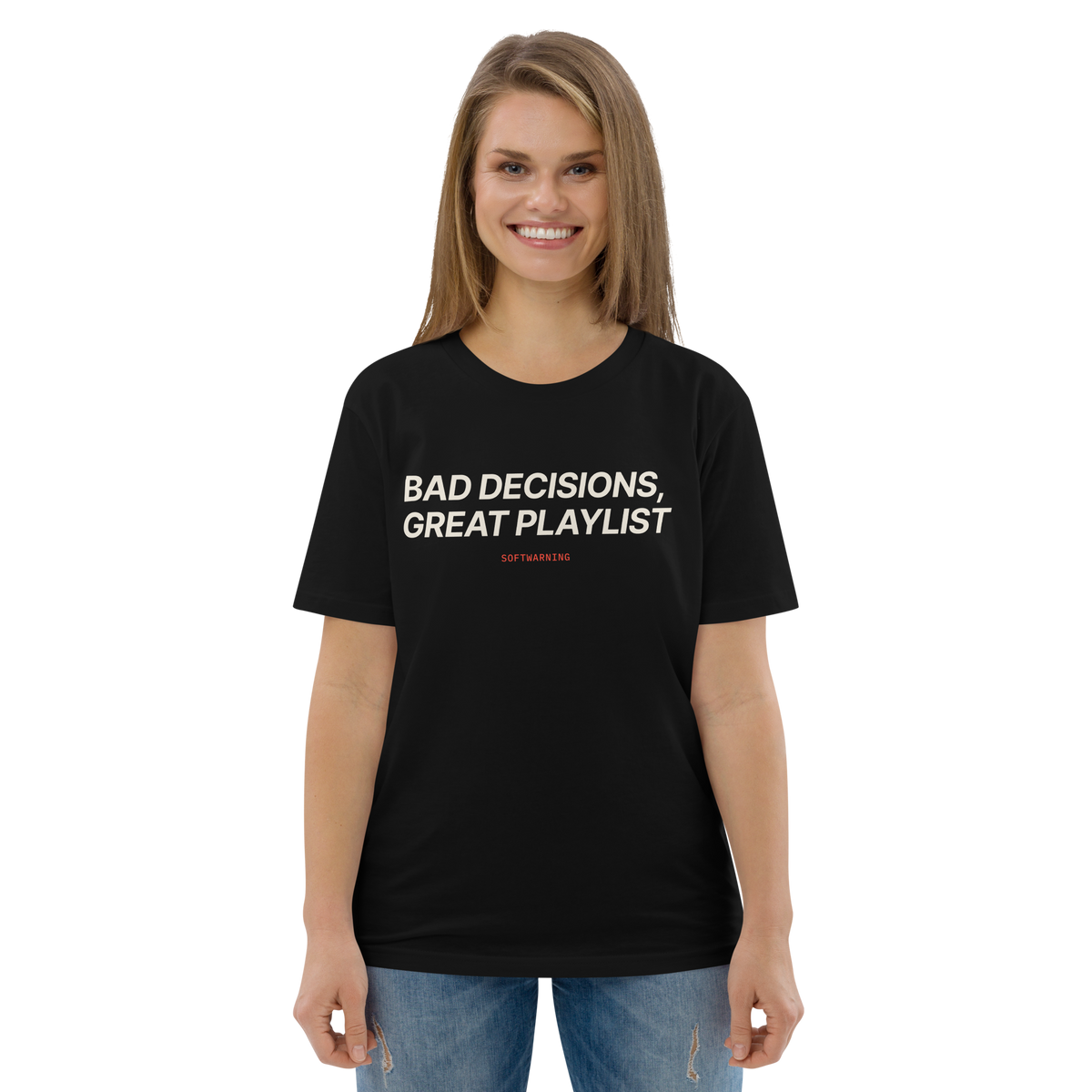 Woman wearing the Bad Decisions, Great Playlist T-shirt in black, front view