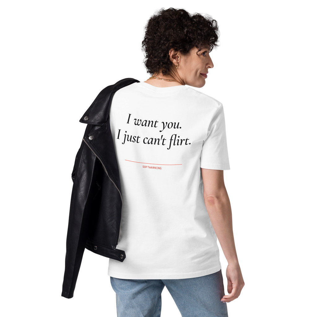 Woman wearing the I Want You. I Just Can’t Flirt T-shirt in white, back view