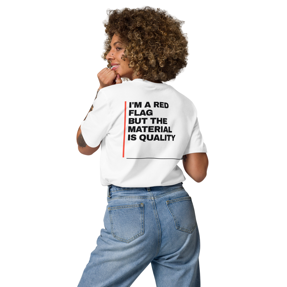 Woman wearing the I’m a Red Flag but the Material Is Quality T-shirt in white, back view