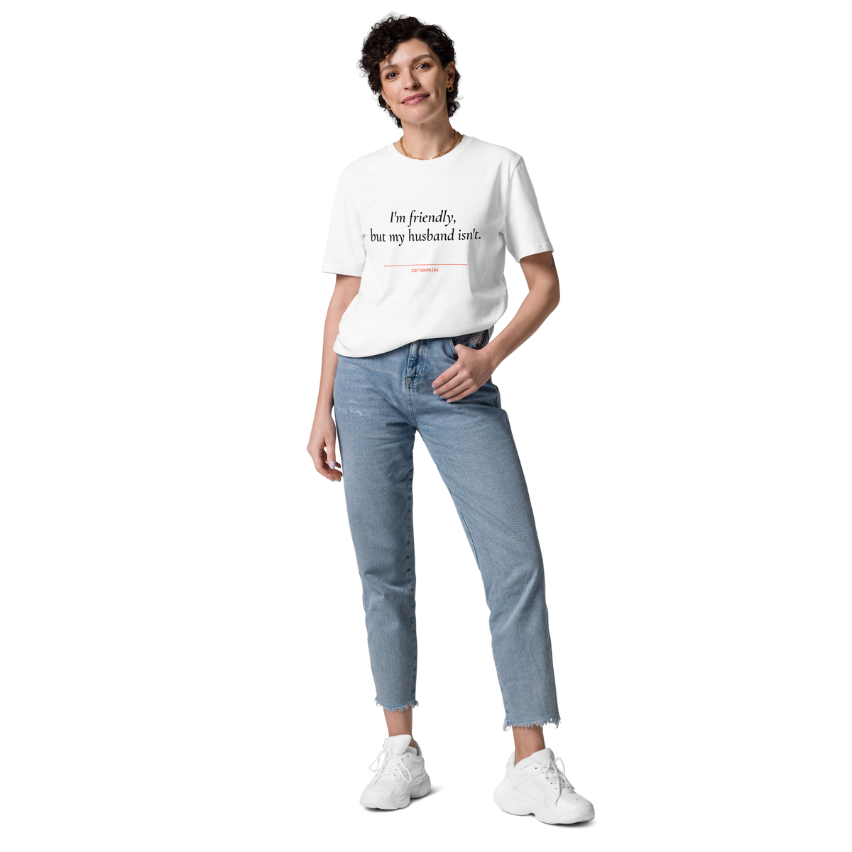 Woman wearing the I’m Friendly, but My Husband Isn’t T-shirt in white, front view