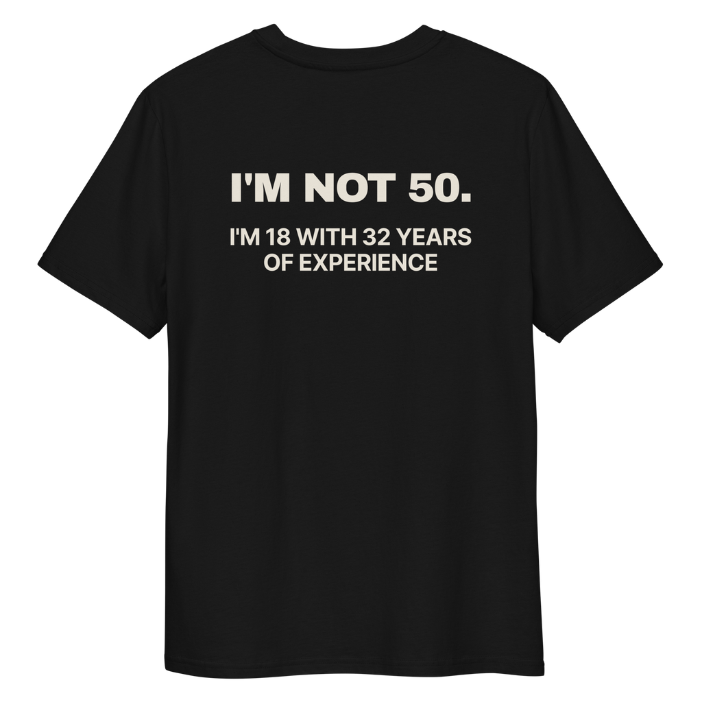 Close-up of the I’m Not 50. I’m 18 with 32 Years of Experience T-shirt print in black, back view