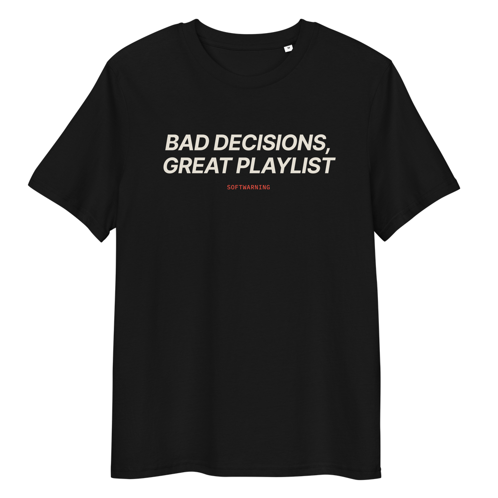 Close-up of the Bad Decisions, Great Playlist print on a black T-shirt, front view