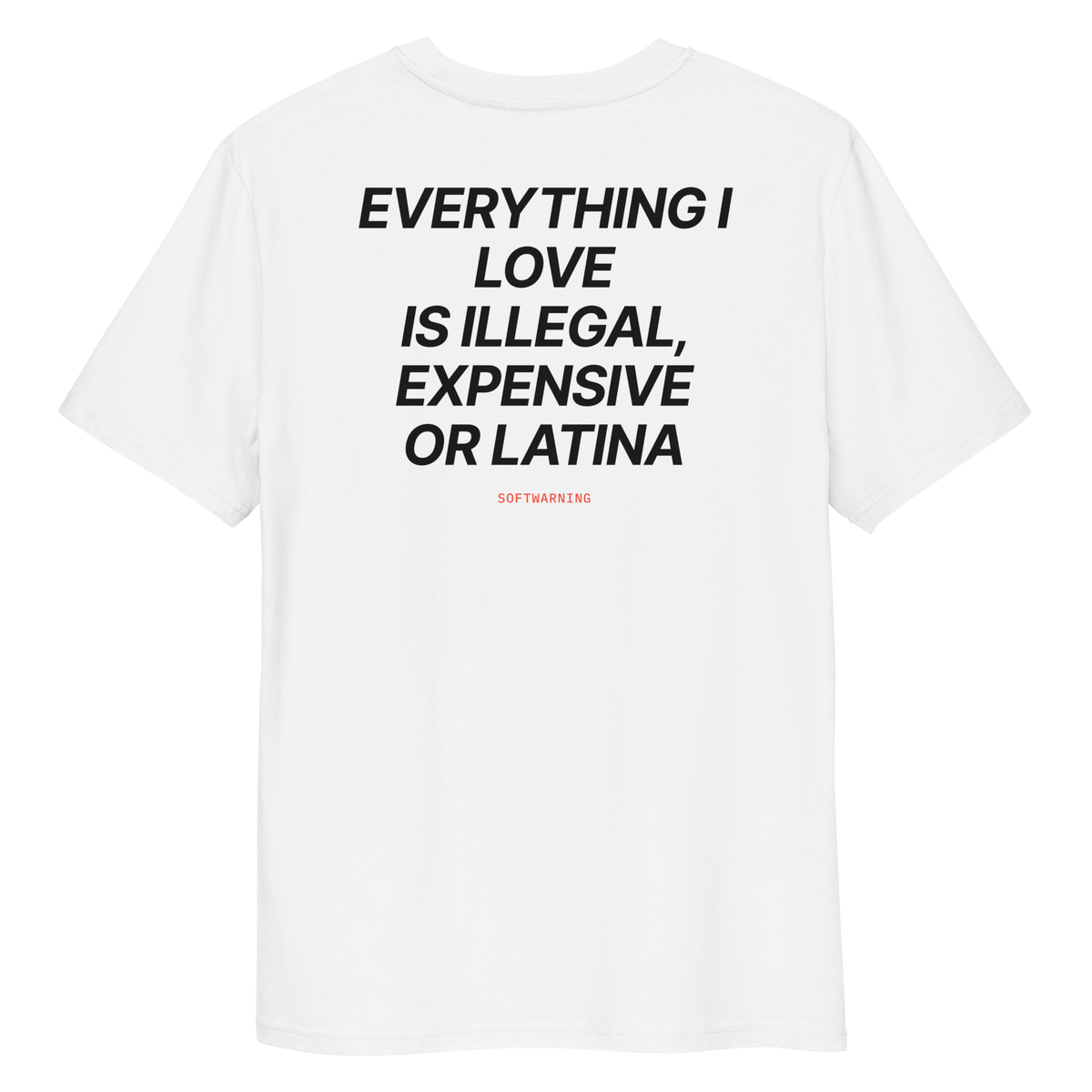 Close-up of the Everything I Love Is Illegal, Expensive, or Latina T-shirt print in white, back view