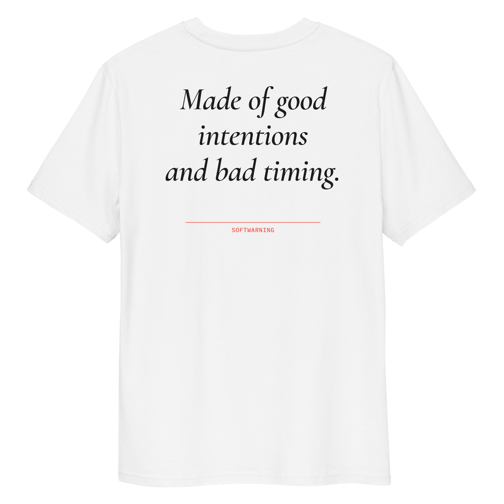 Close-up of the Made of Good Intentions and Bad Timing T-shirt print in white, back view