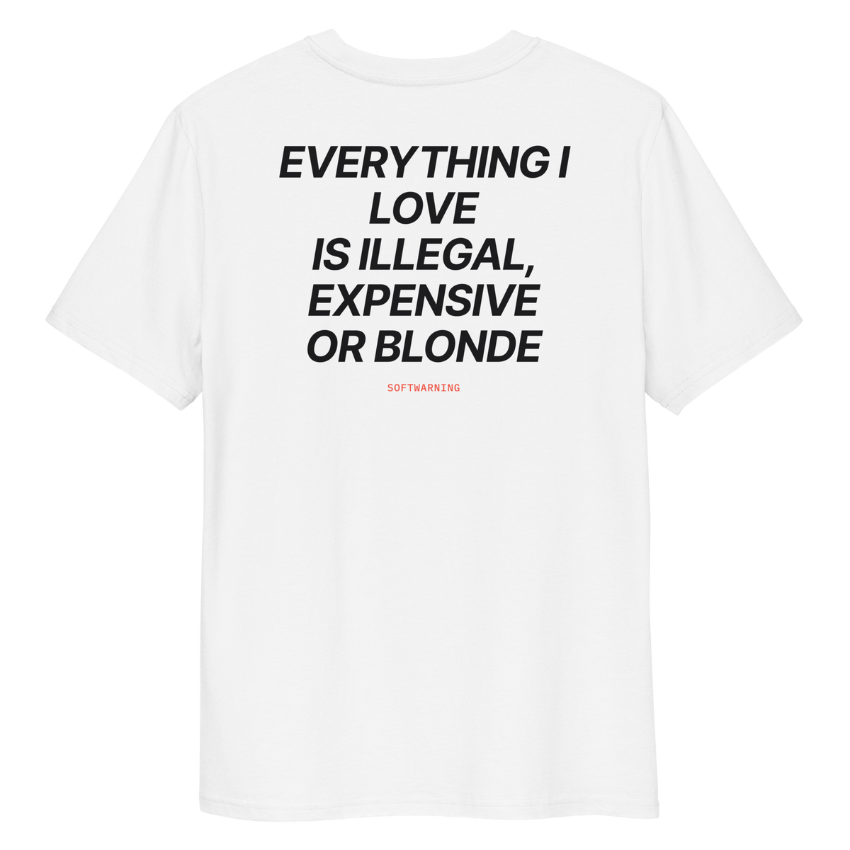 Close-up of the Everything I Love Is Illegal, Expensive, or Blonde T-shirt print in white, back view