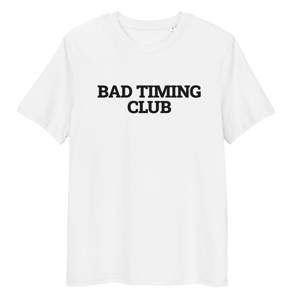 Close-up of the Bad Timing Club print on a white T-shirt, front view