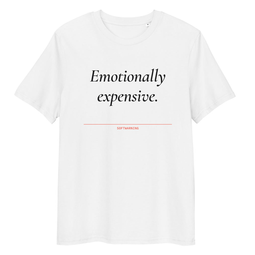 Close-up of the Emotionally Expensive print on a white T-shirt, front view