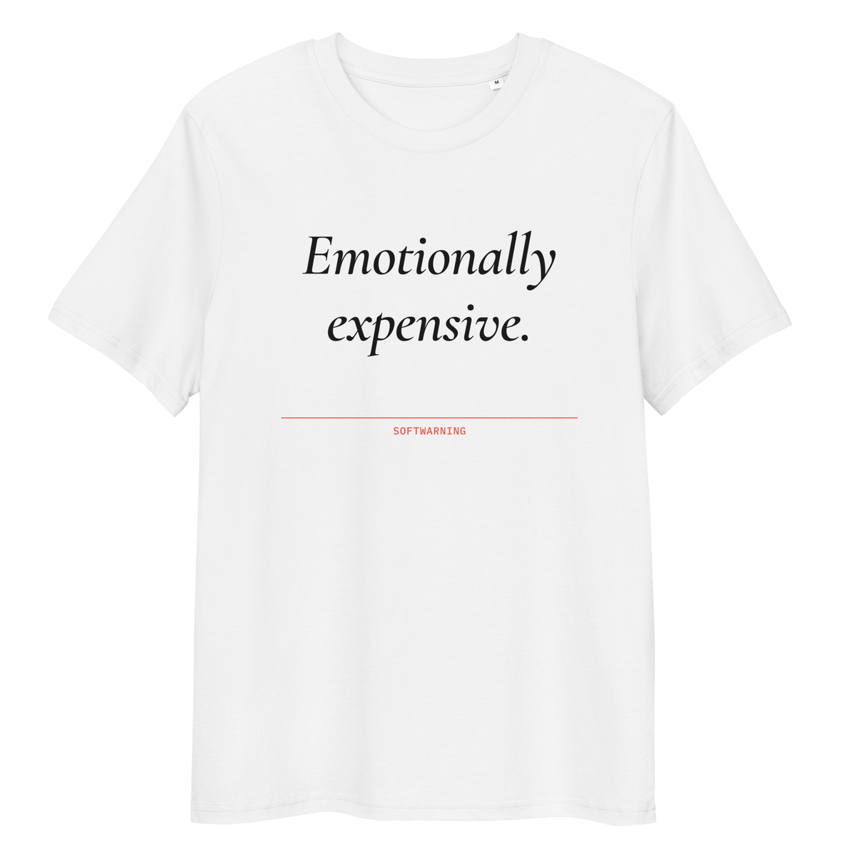 Close-up of the Emotionally Expensive print on a white T-shirt, front view