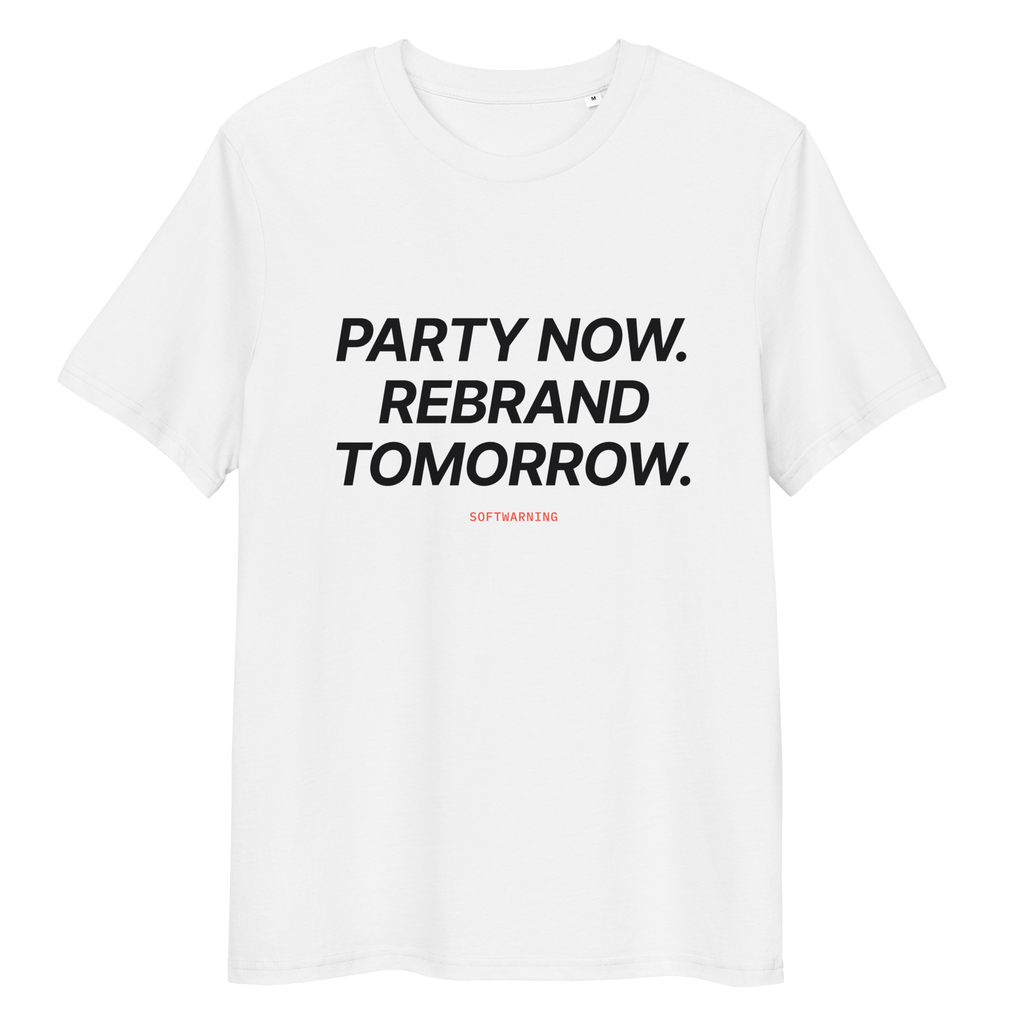 Close-up of the Party Now. Rebrand Tomorrow T-shirt print in white, front view