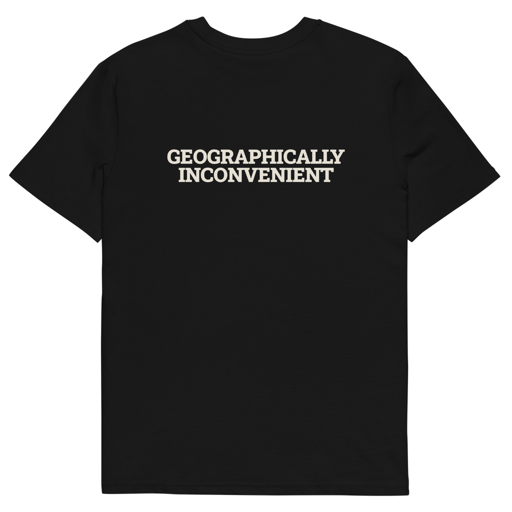 Black product view of the Geographically Inconvenient T-shirt, back