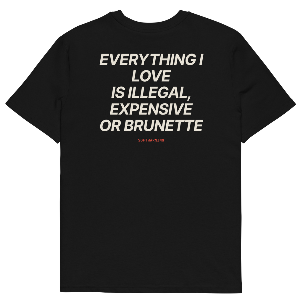 Everything I Love Is Illegal, Expensive, or Brunette T-shirt in black, back print