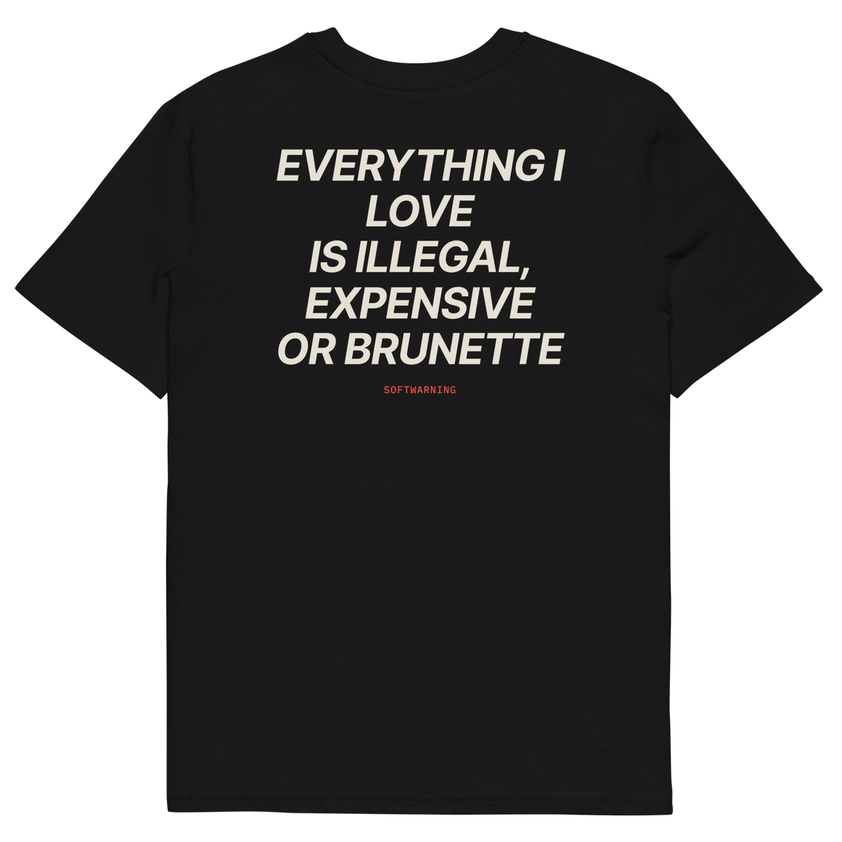 Everything I Love Is Illegal, Expensive, or Brunette T-shirt in black, back print