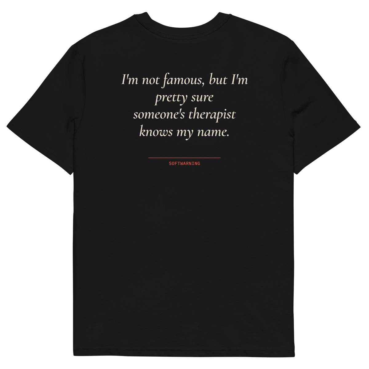 I’m Not Famous but I’m Pretty Sure Someone’s Therapist Knows My Name T-shirt in black, back print