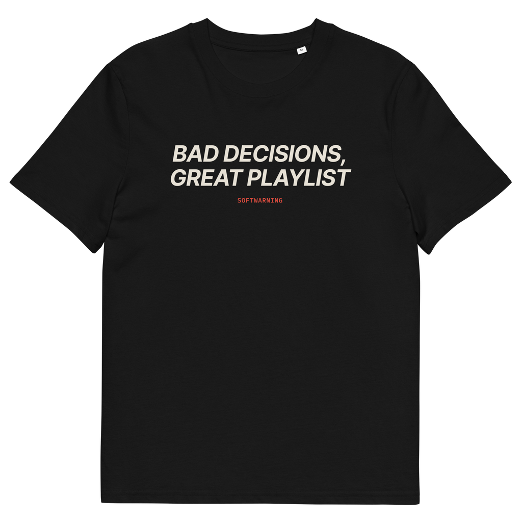Black product view of the Bad Decisions, Great Playlist T-shirt, front