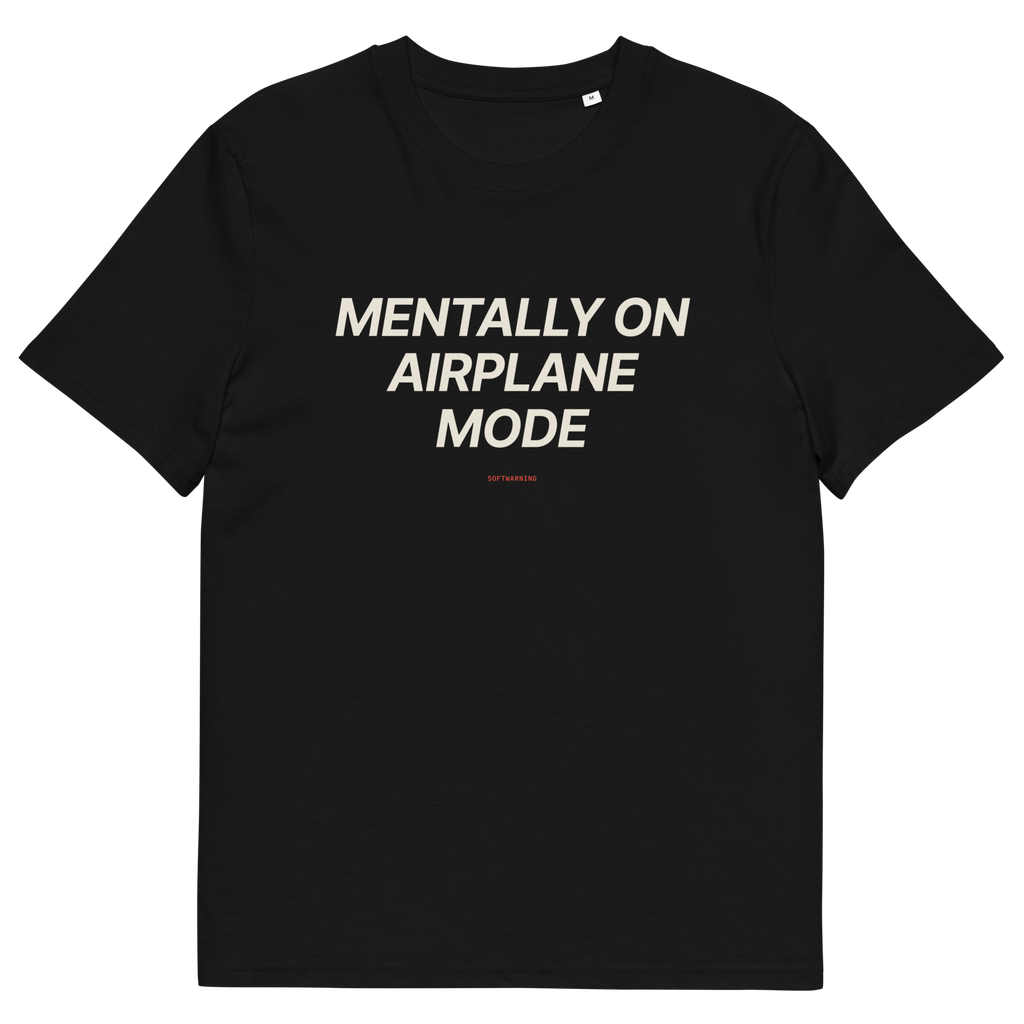 Black product view of the Mentally on Airplane Mode T-shirt, front