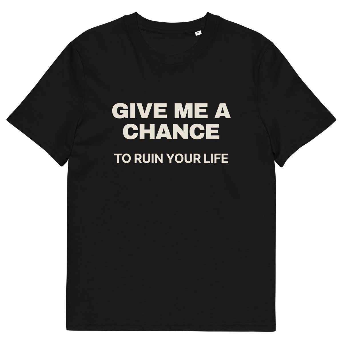 Black product view of the Give Me a Chance to Ruin Your Life T-shirt, front