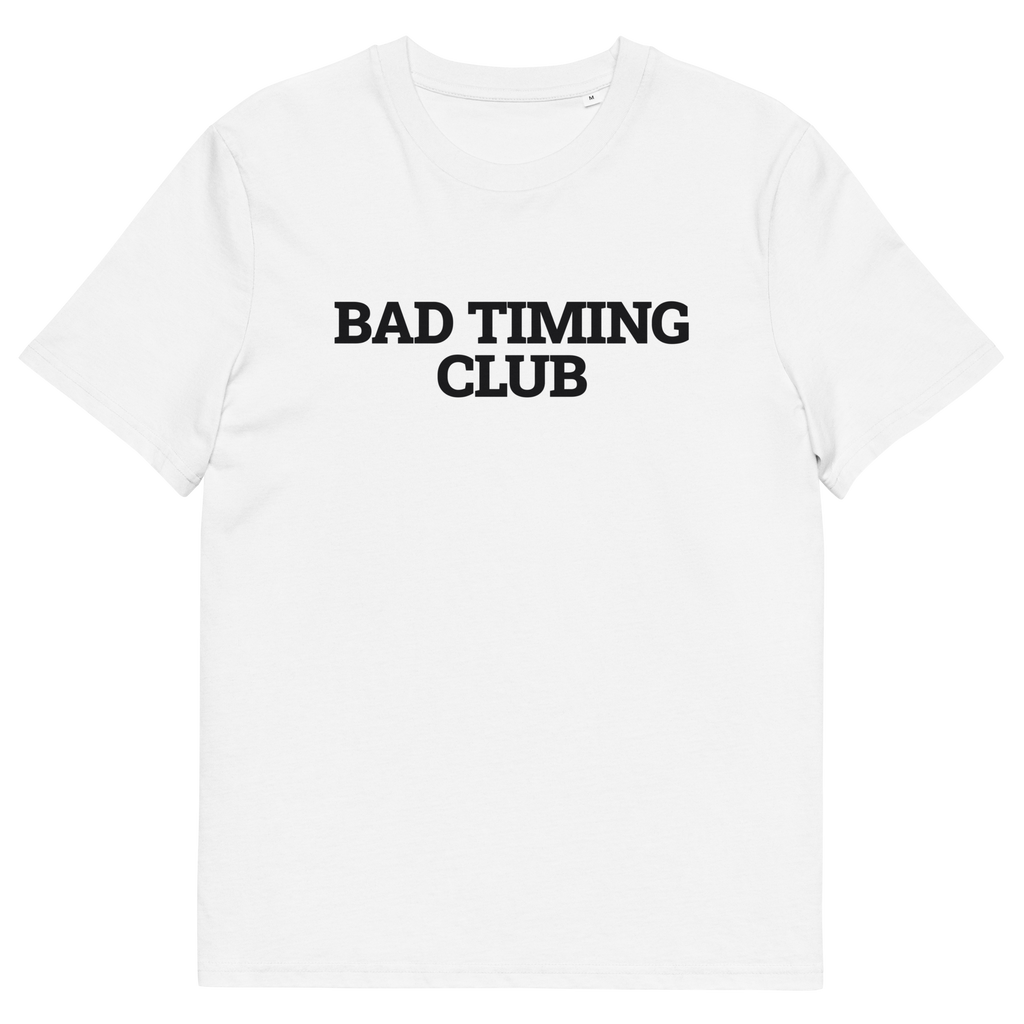 White product view of the Bad Timing Club T-shirt, front