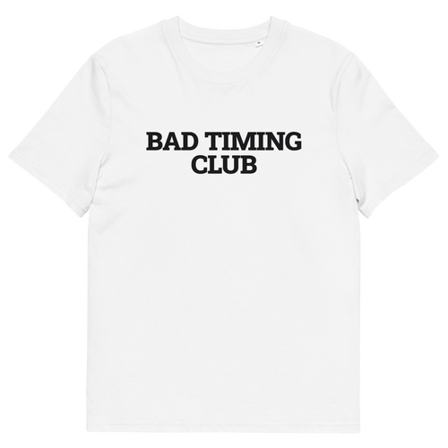 White product view of the Bad Timing Club T-shirt, front