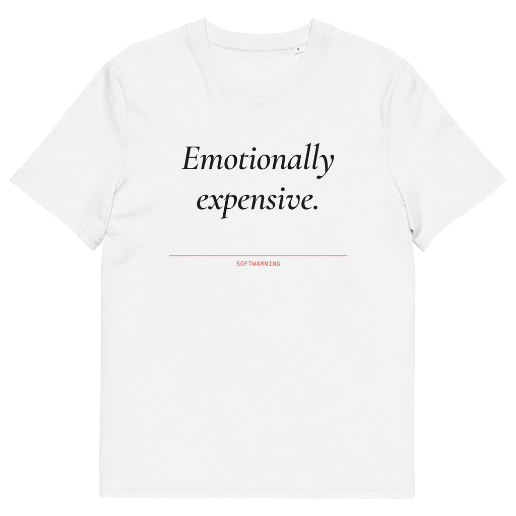 White product view of the Emotionally Expensive T-shirt, front
