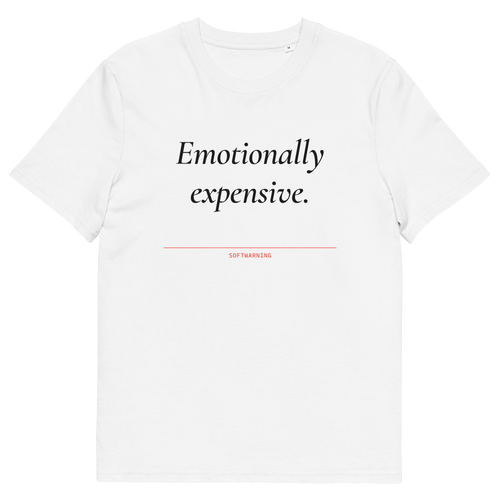 White product view of the Emotionally Expensive T-shirt, front