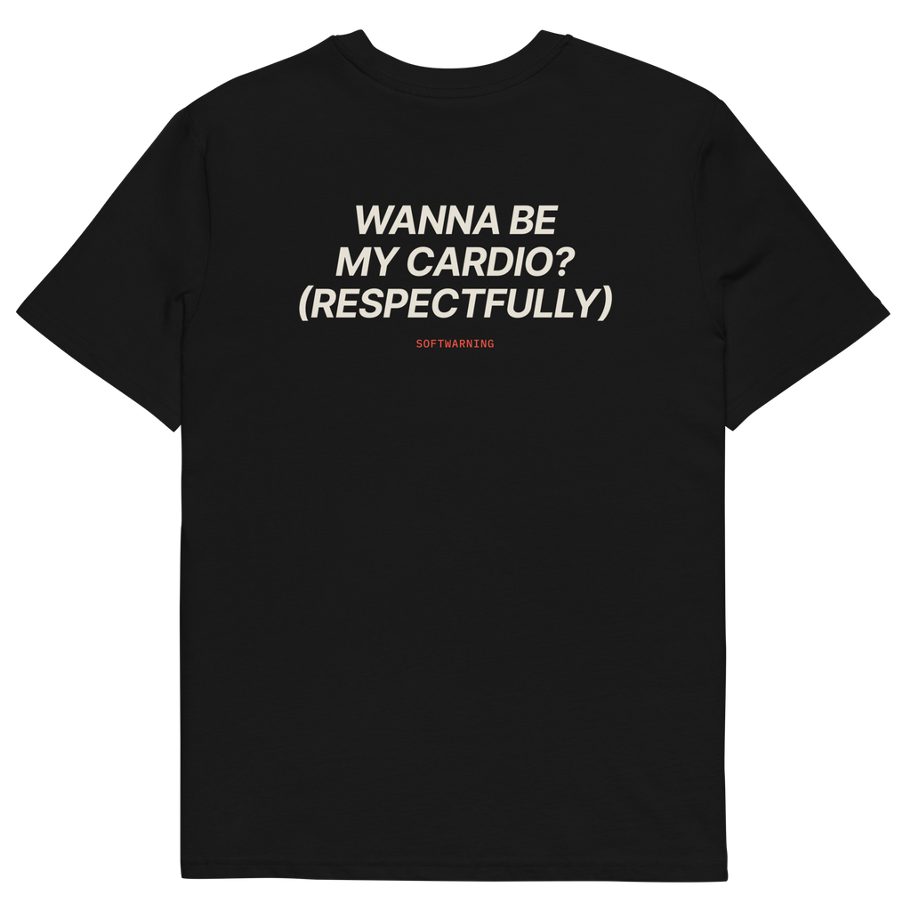 Black product view of the Wanna Be My Cardio? (Respectfully) T-shirt, back