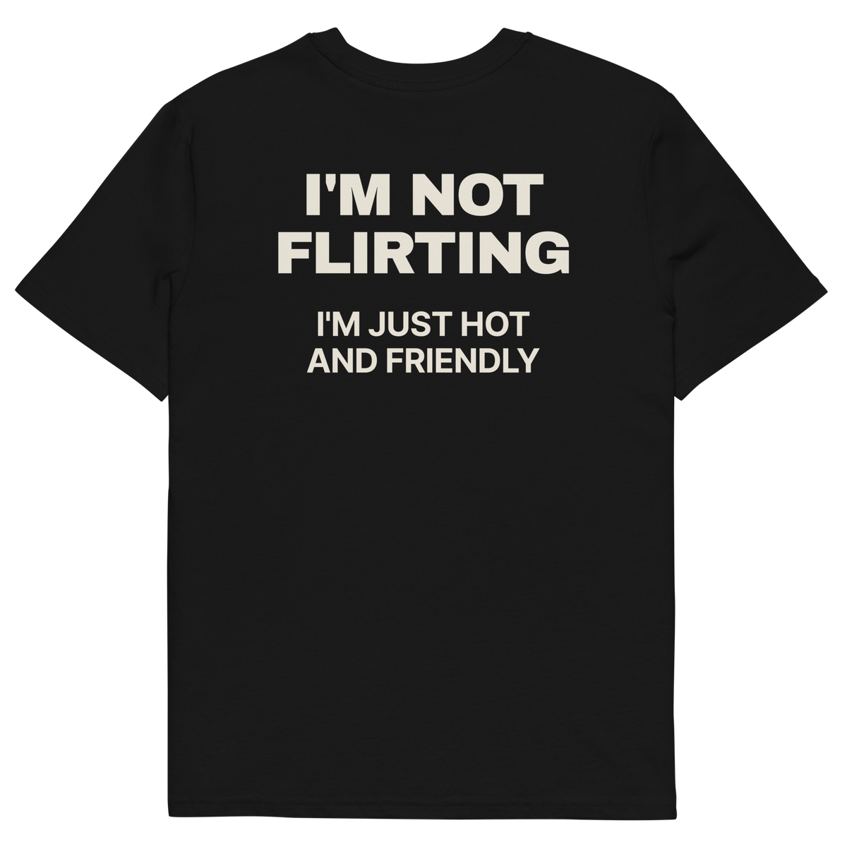 I’m Not Flirting, I’m Just Hot and Friendly T-shirt in black, back print