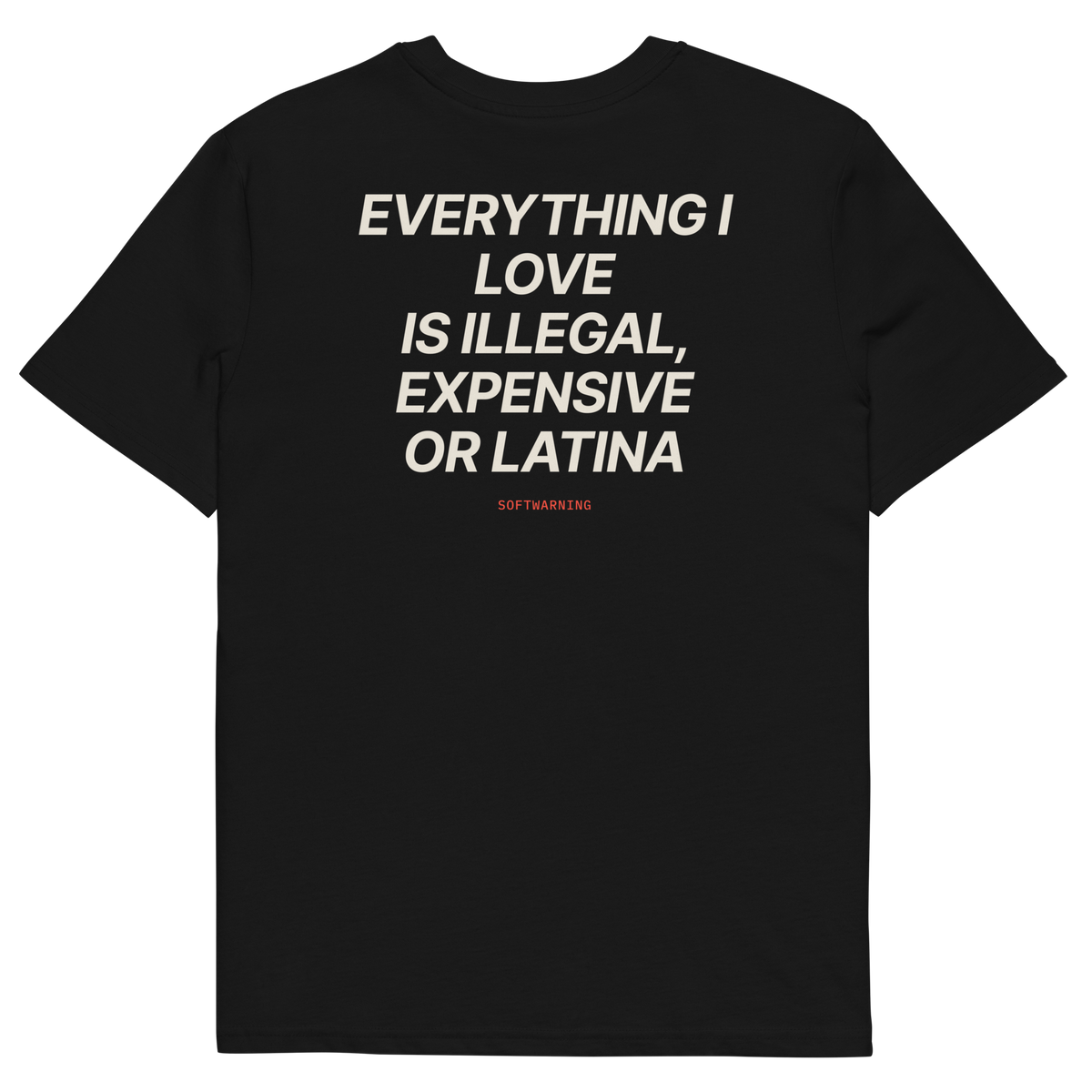 Everything I Love Is Illegal, Expensive, or Latina T-shirt in black, back print