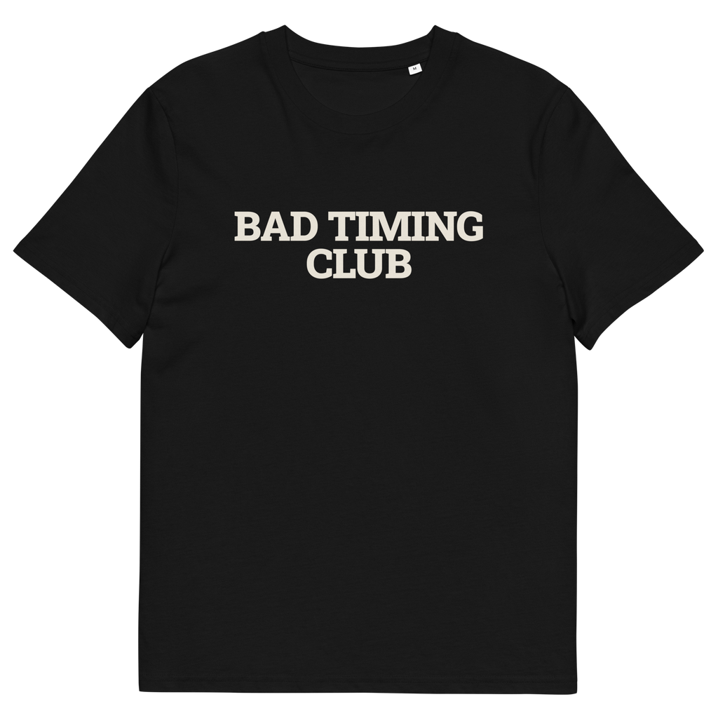 Black product view of the Bad Timing Club T-shirt, front