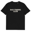 Black product view of the Bad Timing Club T-shirt, front