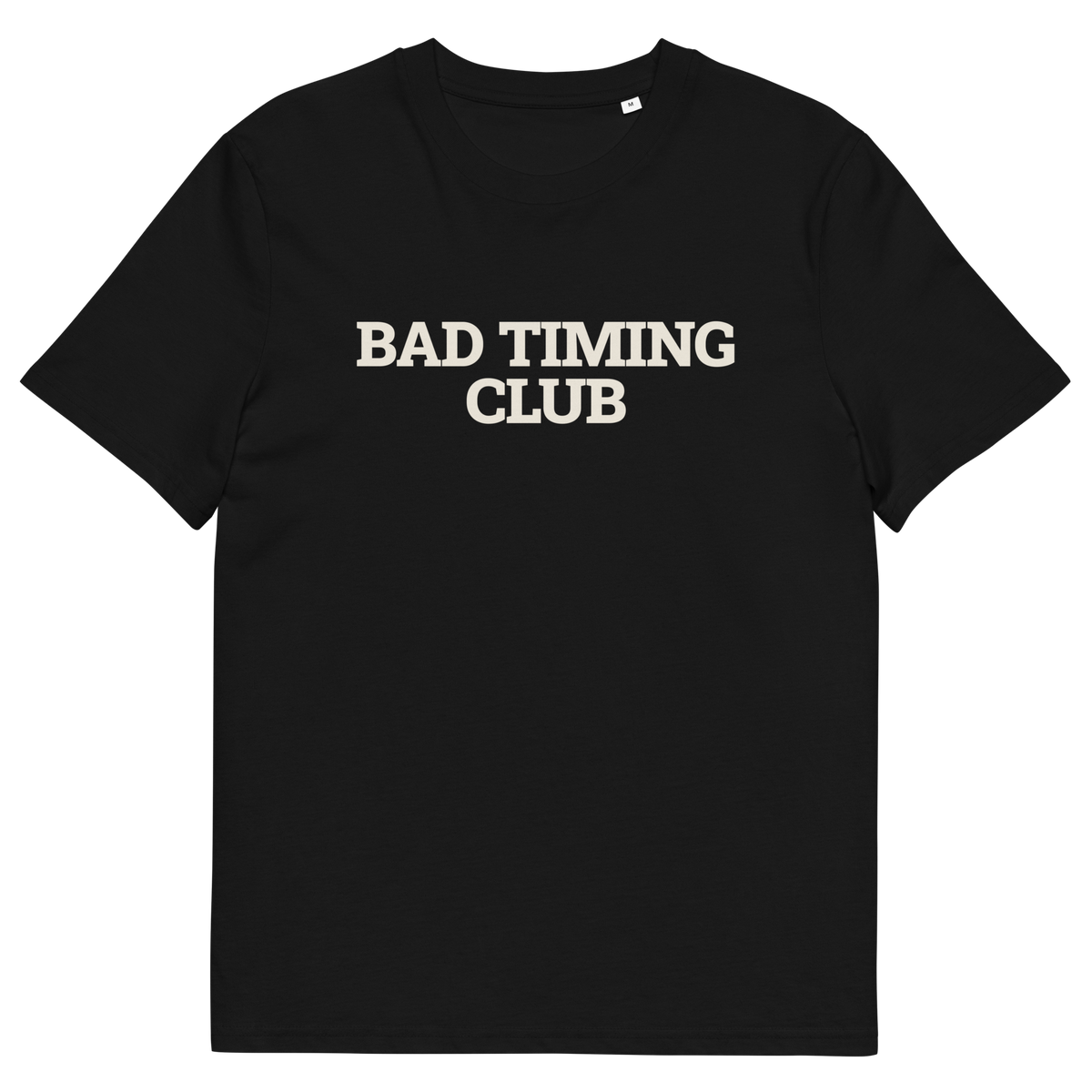Black product view of the Bad Timing Club T-shirt, front