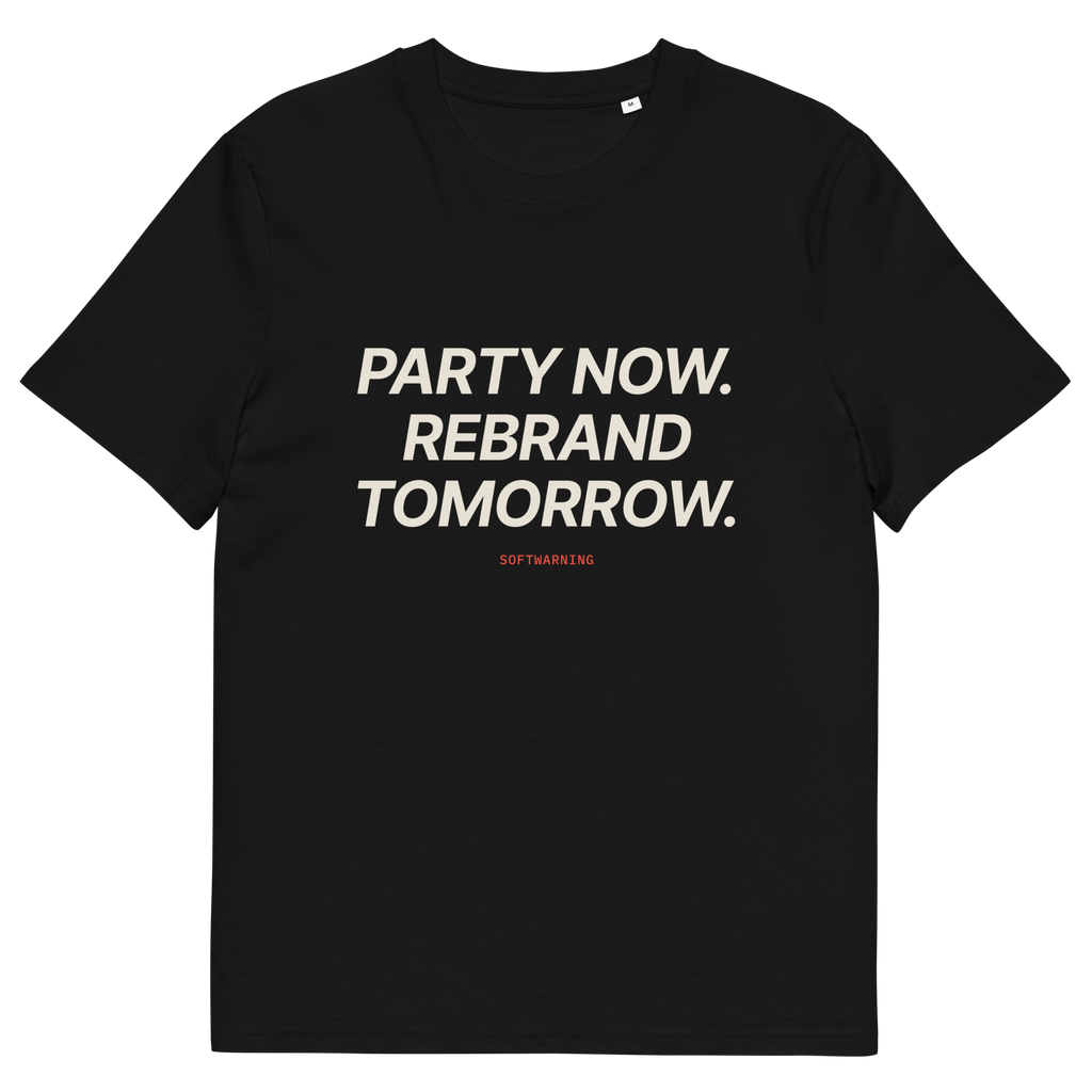 Party Now. Rebrand Tomorrow T-shirt in black, front print
