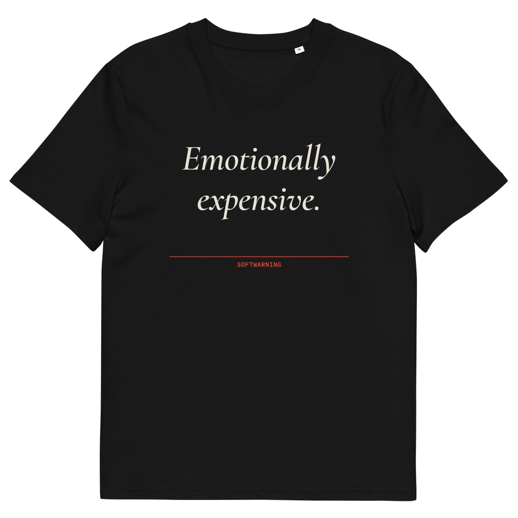 Black product view of the Emotionally Expensive T-shirt, front