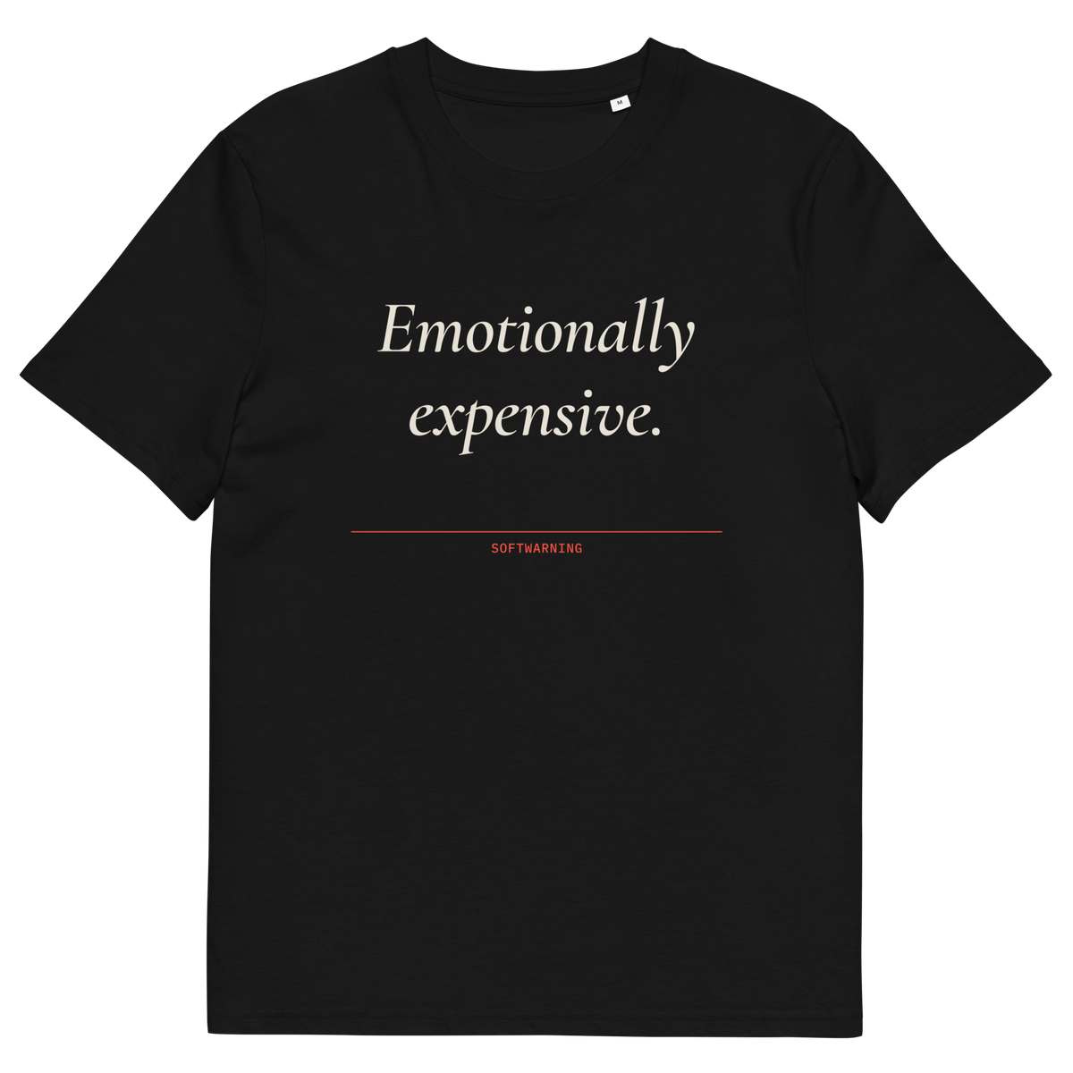 Black product view of the Emotionally Expensive T-shirt, front