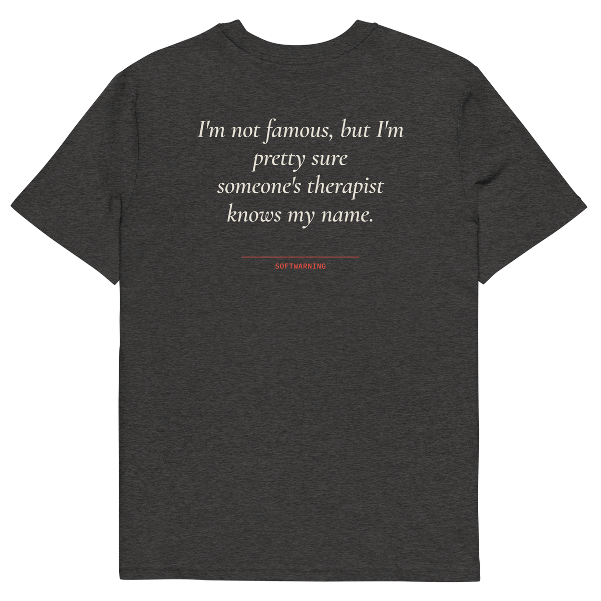 I’m Not Famous but I’m Pretty Sure Someone’s Therapist Knows My Name T-shirt in dark heather grey, back print