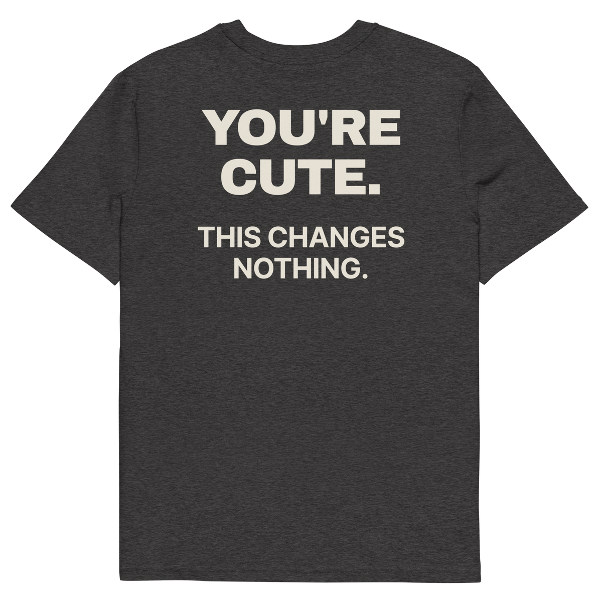 You’re Cute. This Changes Nothing T-shirt in dark heather grey, back print