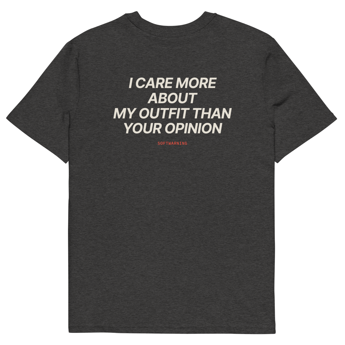I Care More About My Outfit Than Your Opinion T-shirt in dark heather grey, back print