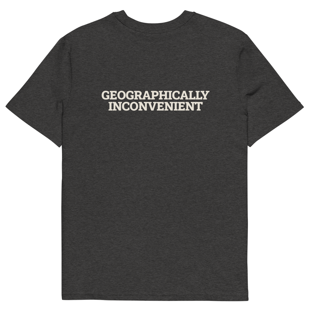 Dark Heather Grey product view of the Geographically Inconvenient T-shirt, back