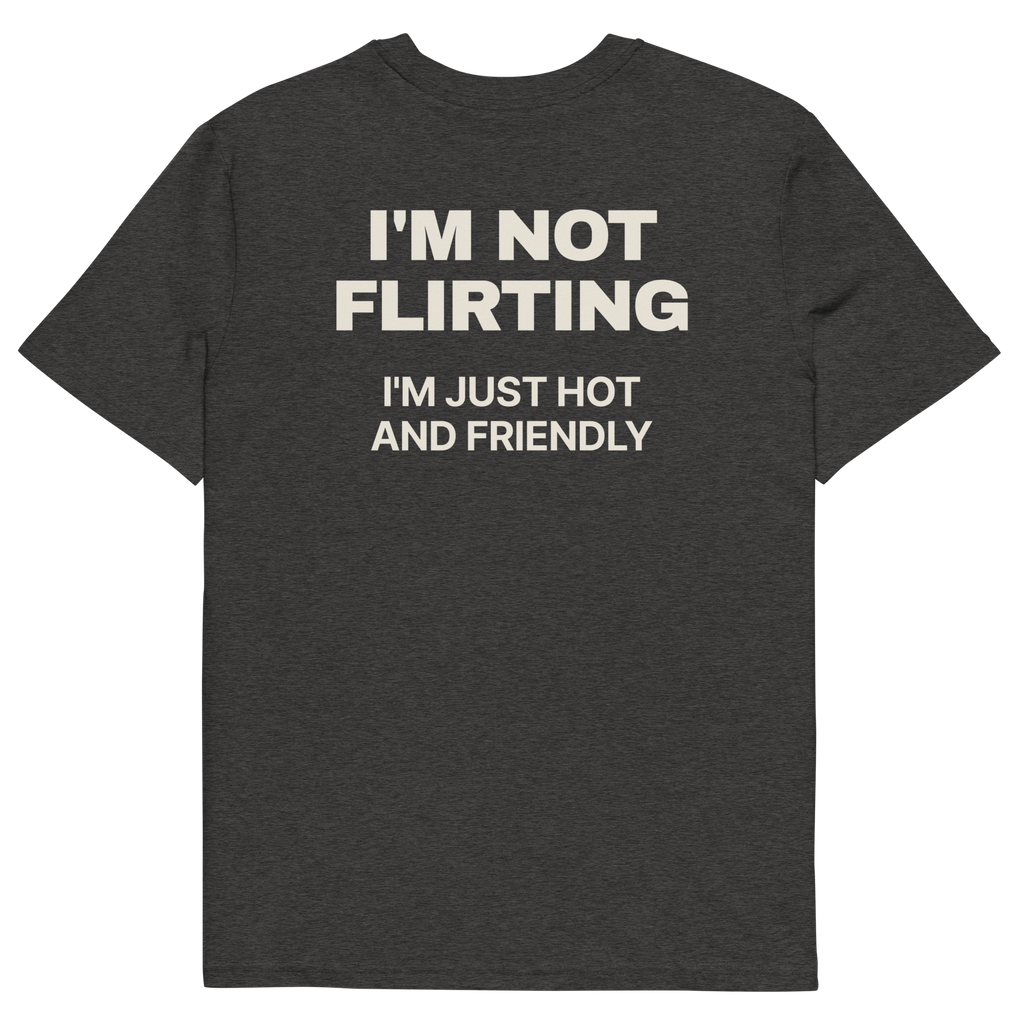 I’m Not Flirting, I’m Just Hot and Friendly T-shirt in dark heather grey, back print
